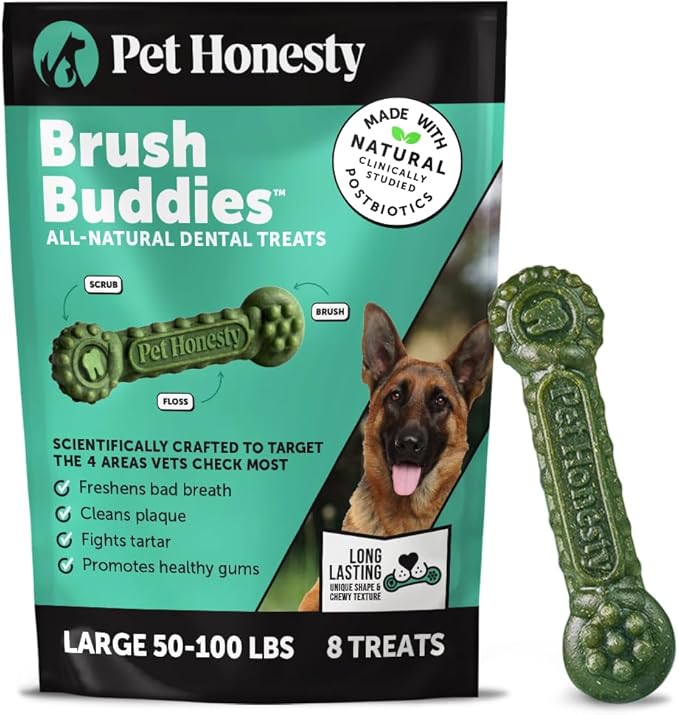 Brush Buddies Long Lasting Dog Dental Chews - All Natural Dental Sticks for Teeth Cleaning Plaque Off + Tartar Remover for Dogs - Dog Dental Treats + Breath Freshener - Large Sized Dogs (8 Count)