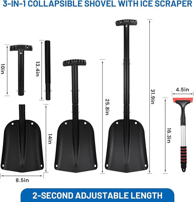 Car Shovel Snow Kit，Aluminium Collapsible Snow Shovel & Extendable Ice Scrapers for Car Windshield with Foam Grip，Snow Car Shovel for Car, Trucks, SUV, Vehicles