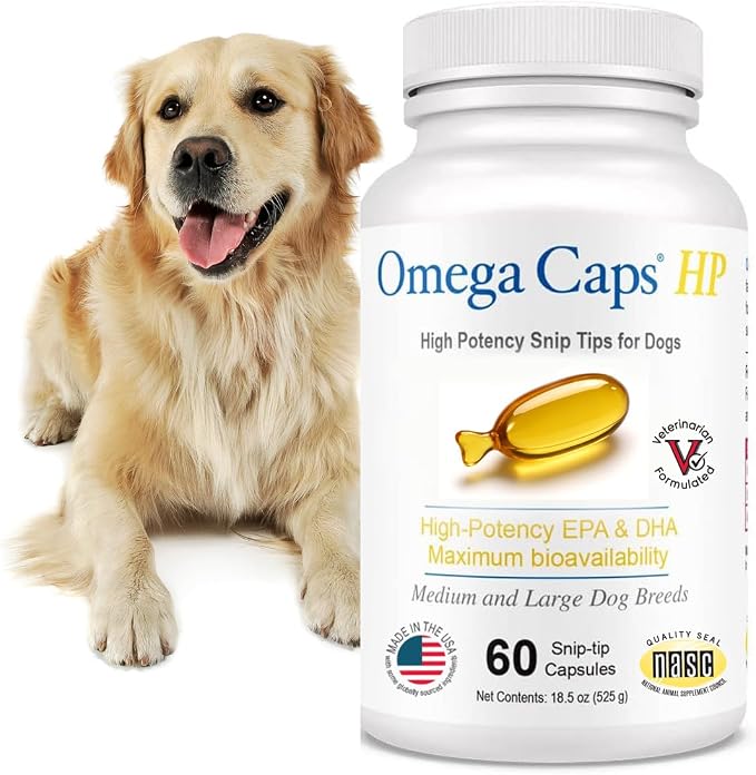 Omega Caps HP Snip Tips for Medium and Large Dogs High Potency EPA and DHA Maximum Bioavailability Fish Oil Supplement Vet Formulated Made in USA Skin Coat Joint and Heart Health 60 Capsules