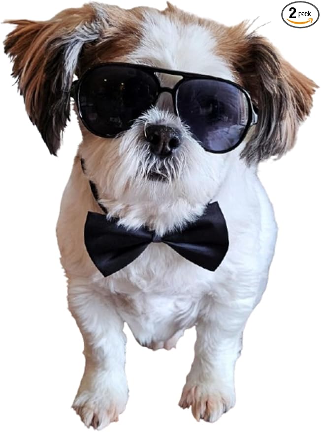 C08 Dog Pet Costume Set Retro Sunglasses + Bow Tie Adjustable for Small-Medium Dogs 12-30 lbs Party Prop Cosplay Photoshoot (Aviator Black + Black Bow Tie)