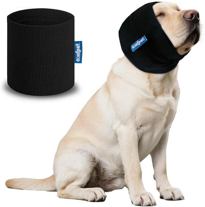 Dog Ear Snood Noise Protection, Dogs Ear Cover for Anxiety Headband Protector, Dog Calming Hood for Grooming and Bath Drying, Pet Dogs Earmuff Head Wrap for Ear Hematoma (Black, XL)