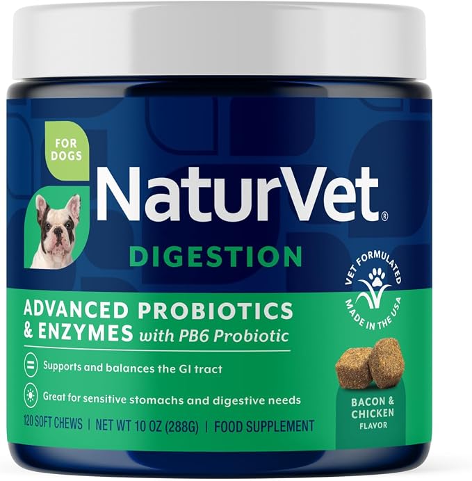 Advanced Probiotics & Enzymes, PB6 Dog Soft Chews to Help Sensitive Stomachs and Digestive Issues, Hickory Smoked Bacon Flavored Pet Supplement for Dogs Over 6 Weeks, 120 Count Jar