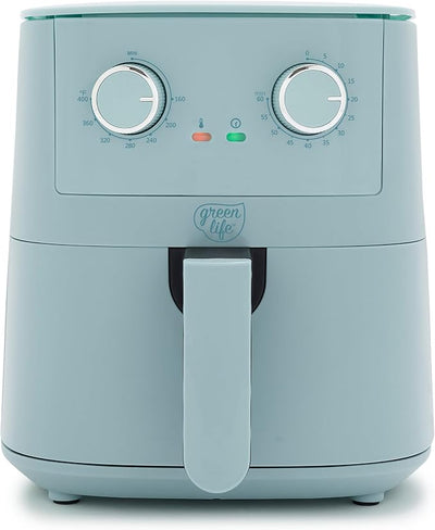 GreenLife 4.5QT Air Fryer, Mechanical Dial Controls, PFAS-Free Ceramic Nonstick Drawer, Adjustable Temp & Timer, LED Indicator, Oil-Less Cooking, Dishwasher Safe, Compact Family Size, Blue