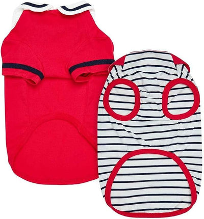 Blueberry Pet Soft & Comfy Summer Vacation Beach Cotton Dog T-Shirts, Cerise Red, 2 Pack, Sailor Suit Shirts Tank Top Clothes, Back Length 14", for Small Medium Dogs