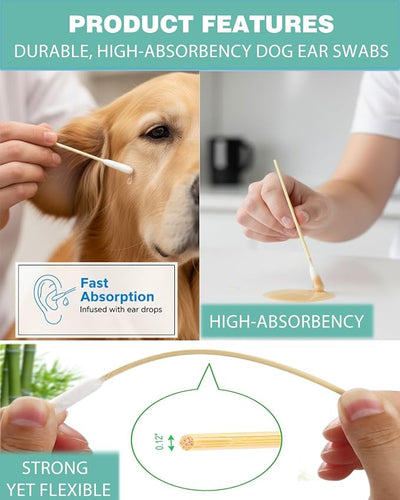 Dog Ear Cleaning Swabs 500 Count – 4.72 Inch Cotton Swabs for Small Medium Dogs & Cats, Bamboo Lint-Free Ear Wax Removal & Grooming Applicator, Value Pack with 10 Resealable Packs