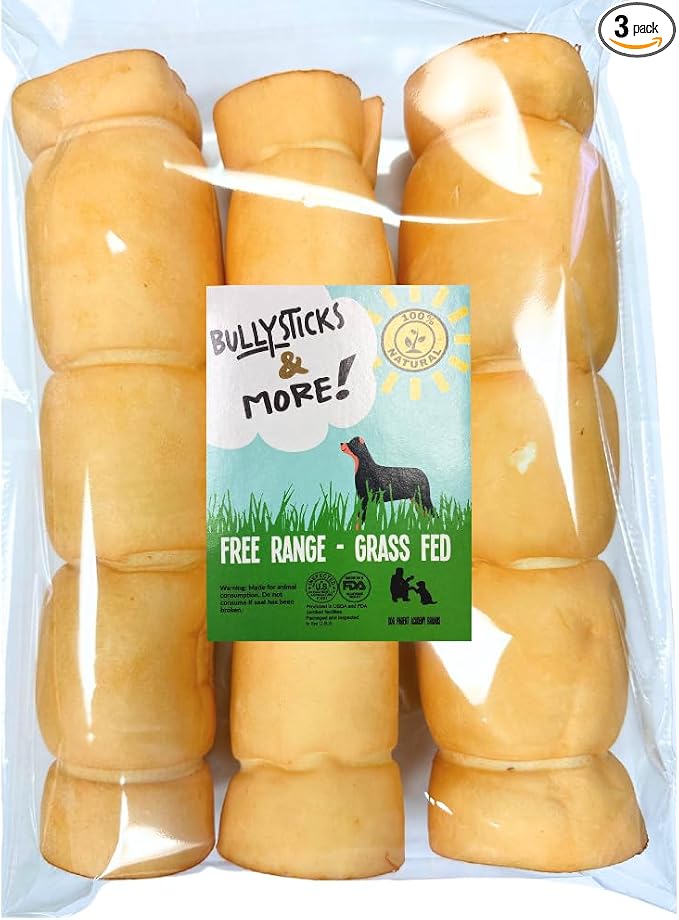 BULLYSTICKS & MORE 10-12" Beef Cheek Rolls for Dogs (Peanut Butter Flavor - 3 Count) - Beef Cheek Bones for Dogs - Dog Parents Choice - Premium No Hide Rolls