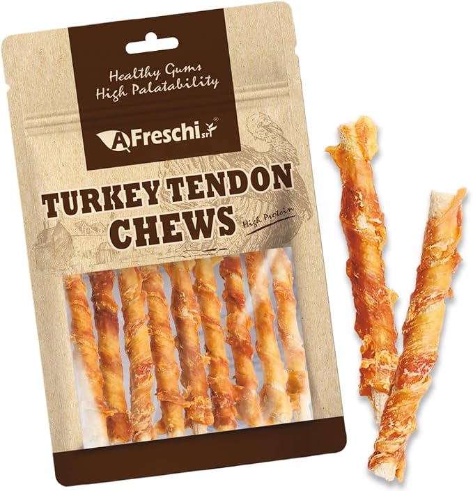 Turkey Tendons for Dogs, USA-Sourced, Healthy Dog Treats, Rawhide-Free Puppy Chews, All Natural, Hypoallergenic Dog Treats, Turkey Tendon Wrapped Brown Rice Stick, 3.5 oz Pack