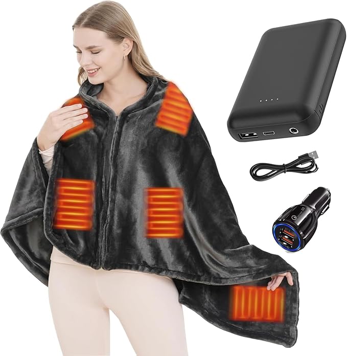 Cordless Heated Shawl,USB Heated Blanket Throw, Wearable & Portable Heating Electric Blanket for Adults, Large Size 71" × 36",3 Levels & 8 Heating Zone Shawl for Indoor & Outdoor, Dark Grey
