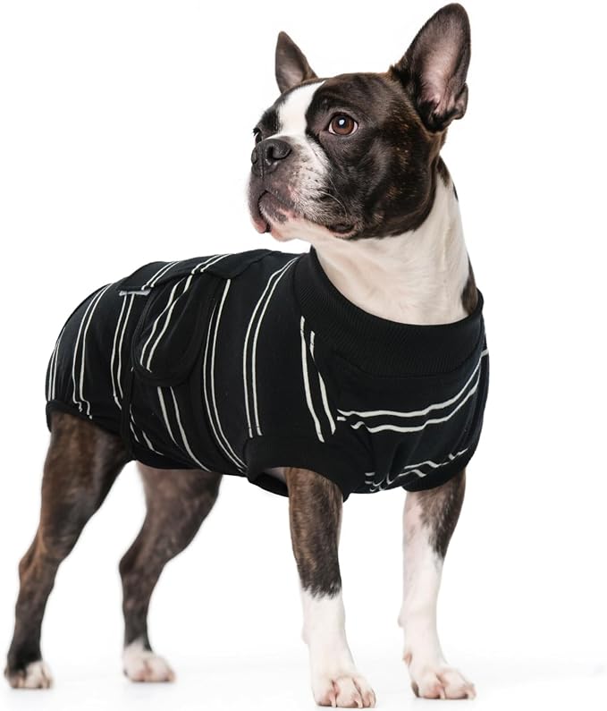 Dog Surgery Recovery Suit, Soft Breathable Dog Recovery Suit for Female Spay Male Nueuter, Anti Licking Puppy Onesie Pet Surgical Suit for Dogs Abdominal Wounds Skin Disease, Black Strips M