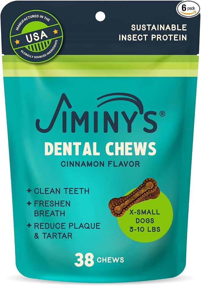 Jiminy's Dental Chews for Dogs, Cinnamon Flavor, Scientifically Proven to Improve Oral Health, Dental Bones Clean Teeth, Fight Bad Breath, and Removes Plaque and Tartar, X-Small, 38ct (Pack of 6)