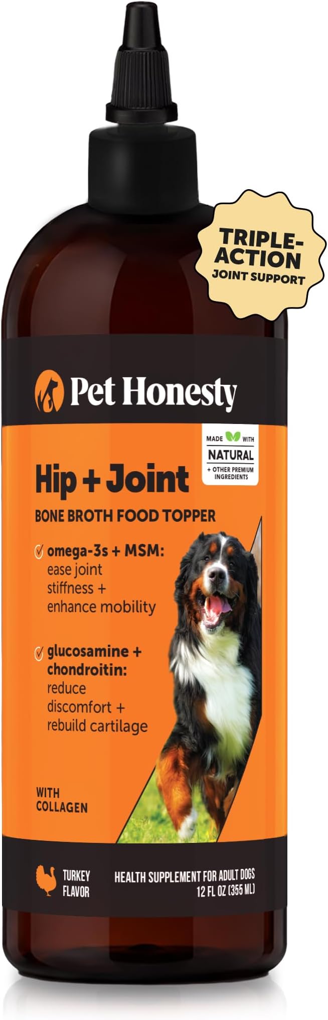 Dog Hip and Joint Supplement Liquid - Glucosamine Chondroitin MSM Bone Broth for Dogs Food Topper - Advanced Mobility Support Oil Eases Stiffness and Joint Discomfort in Large and Senior Dogs (12oz)
