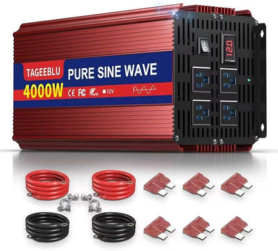 4000W Pure Sine Wave Power Inverter 12V DC to 110V 120V AC for Vehicles | Inverter for Car with 4 AC Outlets and LCD Display, 8000W Peak, Car Converter for Solar, RV, Truck, Home, Off-Grid, Camping