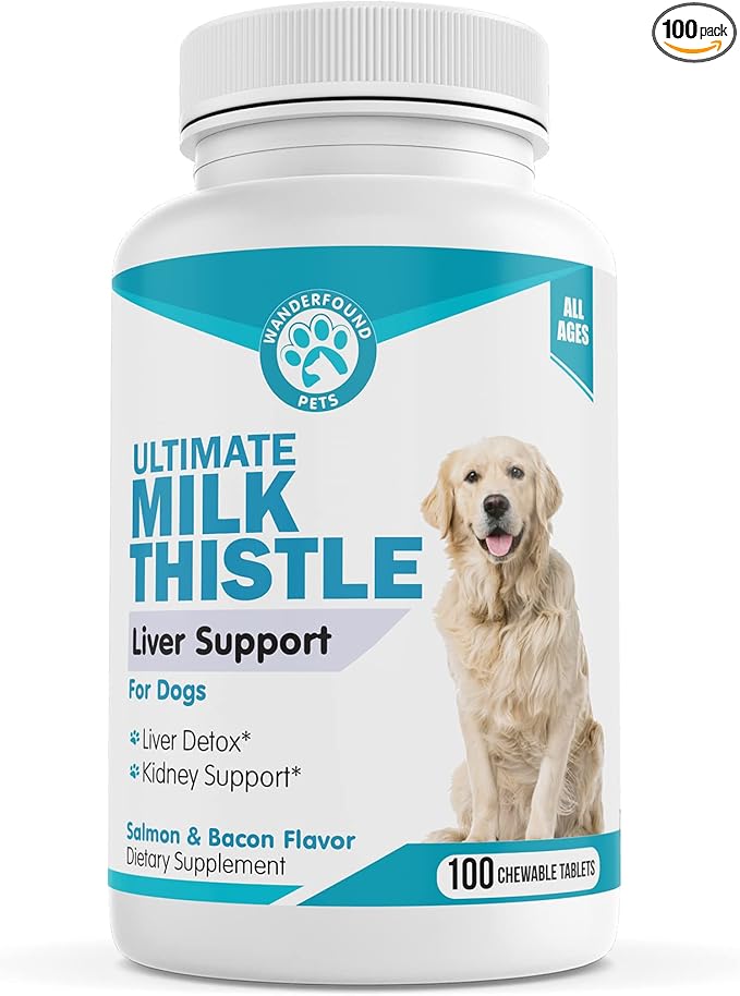 Milk Thistle for Dogs – Tasty Salmon & Bacon Flavored Natural Liver Support for Pets – Kidney Cleanse Detox & Repair Formula Manufactured in the USA – 100 Chewable Tablets