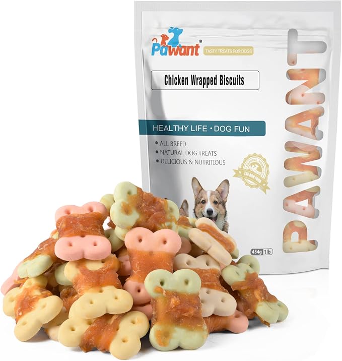 Chicken Wrapped Biscuit Dog Treats, Rawhide Free Puppy Chews, 16oz | 30% real poultry; 60% baked core; 15% protein; easily digestible bite size pieces; ideal for daily obedience rewards