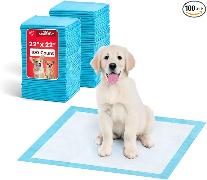 IRIS USA Puppy Pads 100 Count, Dog Training Pads 22"x22", Super Absorbent Leakproof Pee Pads for Dogs, Quick Dry Disposable Potty Training Supplies