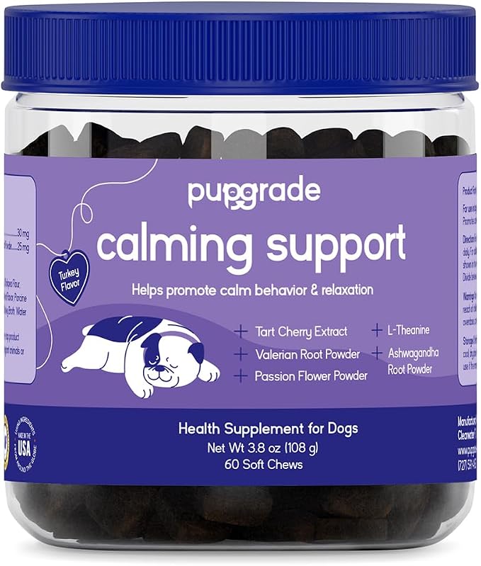 PupGrade Calming Support Soft Chews for Dogs, Turkey Flavor - 60 Count | Promotes Relaxation & Normal Stress Response for Everyday Calm & Separation - with L-Theanine, Ashwagandha & Valerian Root