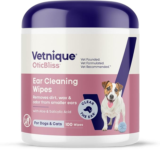 Oticbliss Dog Ear Wipes, Cat & Dog Ear Cleaner & Deodorizing Wipes for Dogs, Cats, Puppies & Kittens, Vet Formulated to Remove Ear Wax, Dirt & Odor with Aloe for Itchy, Smelly Ears