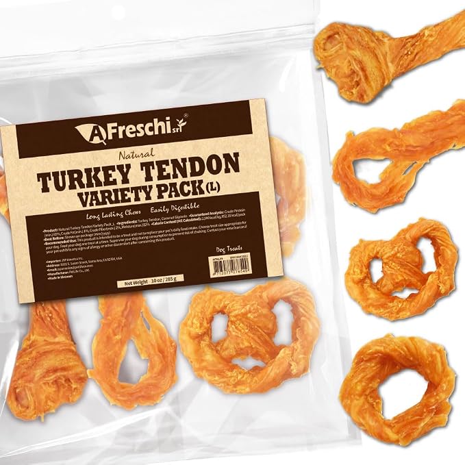 Turkey Tendons for Dogs, USA-Sourced, Healthy Dog Treats, Rawhide-Free Puppy Chews, Long Lasting, All Natural, Hypoallergenic Dog Treats for Large Breeds, 10 oz Pack Variety (L)