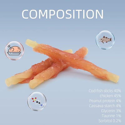 Dog Treats Chews, Chicken Wrapped Cod Sticks, Rawhide Free & Grain Free Dog Snacks for Training Rewards (16 pcs,10.6 oz)