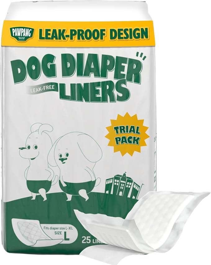 PAWPANG Disposable Dog Diaper Liners l Trial Pack (25 Count), Absorbent Inserts with Odor Control for Reusable Dog Diapers & Belly Bands (Large)