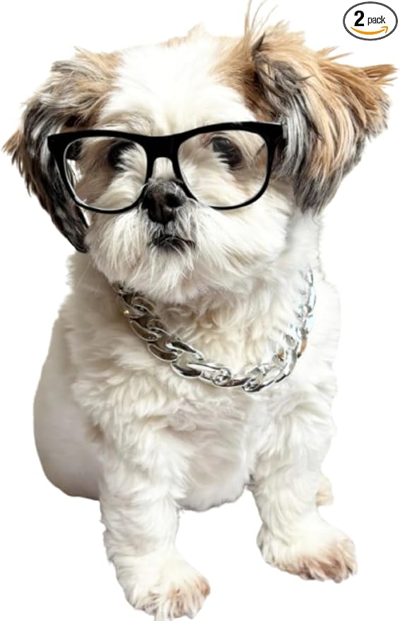 C16 Dog Pet Cat Costume Set Retro Glasses Sunglasses + Chain Adjustable for Small-Medium Dogs Approximately 12-30 lbs Party Prop Cosplay Photoshoot (80s Black-Clear Lens Glasses+ Silver Chain)