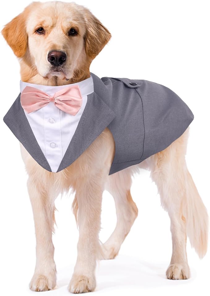 Dog Tuxedo Dog Suit and Bandana Set, Dogs Tuxedo Wedding Party Suit, Doggy Prince Bow Tie Shirt Formal Pet Wedding Attire for Large Medium and Small Dogs Golden Retriever Samo Bulldogs