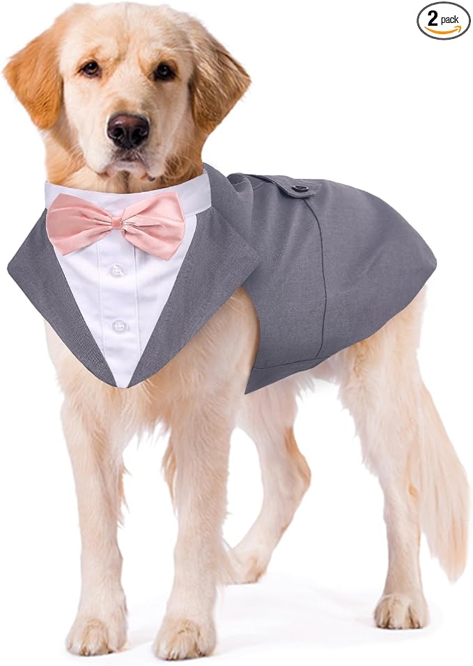 Dog Tuxedo Dog Suit and Bandana Set, Dogs Tuxedo Wedding Party Suit, Doggy Prince Bow Tie Shirt Formal Pet Wedding Attire for Large Medium and Small Dogs Golden Retriever Samo Bulldogs