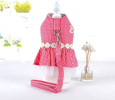 Small Dog Dress with Leash Set Adjustable Dog Harness Dress with D Ring Breathable Walk Doggie Outfits for Puppy Girl and Cat (M,Pink)