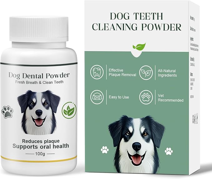 Dog Teeth Cleaning Powder 100g Fights Plaque & Tartar Freshens Breath All-Natural Ingredients for Dogs of All Breeds and Ages Easy to Use Dog Dental Powder