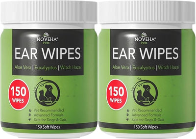 NOVEHA 300PCs Dog Ear Cleaner Wipes, Daily Ear Cleaner for Dogs & Cats - Stop Ear Itching with Aloe, Eucalyptus & Witch Hazel Ear Wipes for Dogs - for Odor Control, Dirt and Wax Removal, Unscented