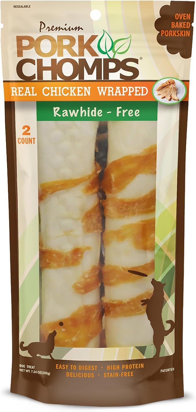 Baked Pork Skin Dog Chews, 8-inch Rolls, Real Chicken Wrap, 2 Count