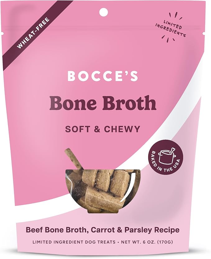 Bocce's Bakery Bone Broth Wellness Treats for Dogs, Wheat-Free Everyday Dog Treats, Made with Real Ingredients, Baked in The USA, Natural Soft & Chewy Cookies, 6 oz
