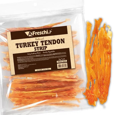 A Freschi srl Turkey Tendons for Dogs, USA-Sourced Human Grade, Rawhide-Free Long-Lasting Puppy Chews, All Natural Hypoallergenic Dog Treats for Small Breeds, Strips, 10oz Pack