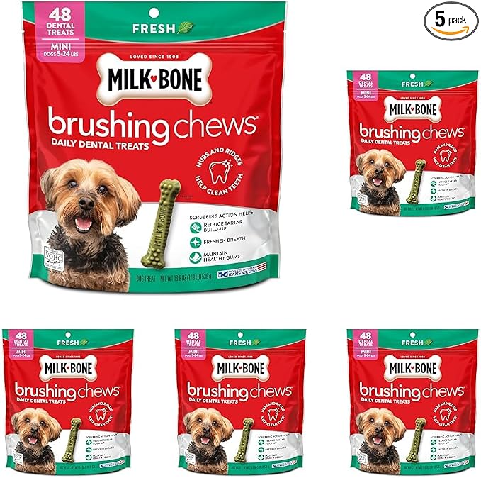 Milk-Bone Brushing Chews Fresh Mint Flavor Daily Dental Dog Treats, Mini, 18.9 Oz. Bag (Pack of 5)