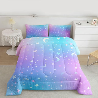 Galaxy Comforter Set Queen Size,Ombre Glitter Bedding Set For Kids Girls Boys Women Bedroom Decor, Tie Dye Rainbow Gradient Duvet Sets Starry Sky Pastel Sparkle Quilted Duvet 3 Pieces, Blue Pink