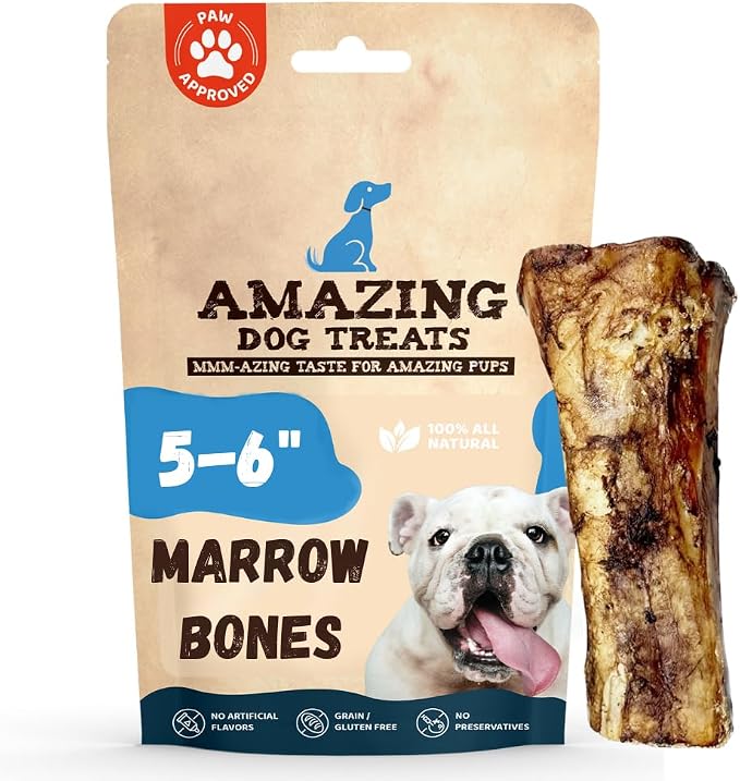 Amazing Dog Treats - 5-6 Inch Meaty Beef Marrow Bones (2 Count) - Long Lasting Dog Chew Bones - Filled Marrow Dog Bone