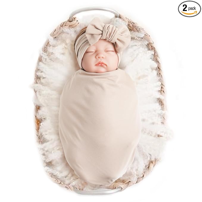Konssy Baby Girl Newborn Receiving Blanket with Headband Set Baby Swaddle Nursery Swaddle Wrap