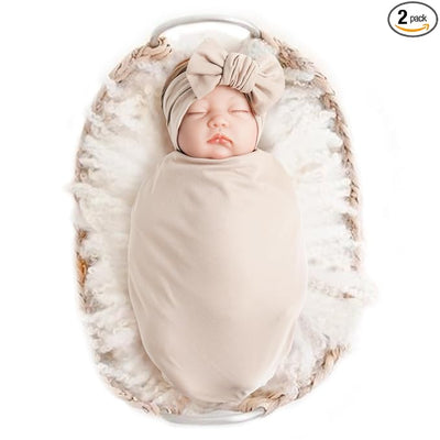 Konssy Baby Girl Newborn Receiving Blanket with Headband Set Baby Swaddle Nursery Swaddle Wrap