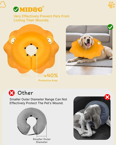 MIDOG Inflatable Dog Cone Collar, Cute Lion Mane Recovery Collar for Large Medium Dogs, Soft Blow-Up Donut Alternative After Surgery, Anti-Lick Protective Neck E-Collar (M+, 14"-18")