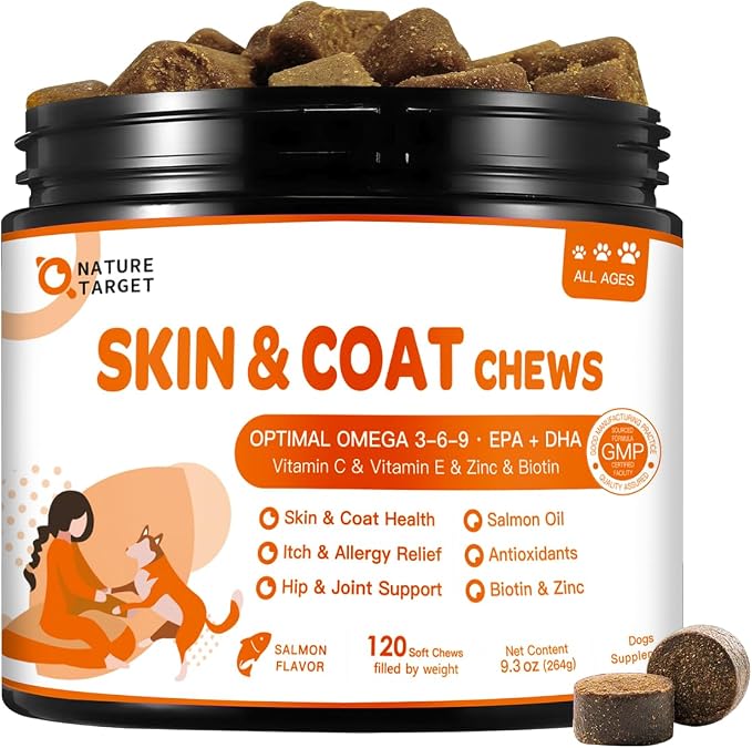 Omega 3 Fish Oil for Dogs, Salmon Oil Skin and Coat Supplement for Dogs Itchy Skin Relief with Omega 3-6-9 (EPA & DHA), Zinc, Biotin and Vitamin E & C - 120 Salmon Flavored Soft Chews