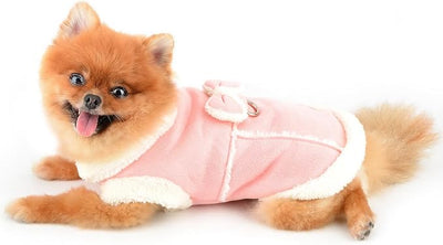 SMALLLEE_LUCKY_STORE Fleece Dog Coat for Small Dog Pet Harness Jacket with Bow and D-Ring, Soft Vest Fall Winter Clothes with Fuzzy Collar Chihuahua Yorkie Cat Apparel, Pink, S