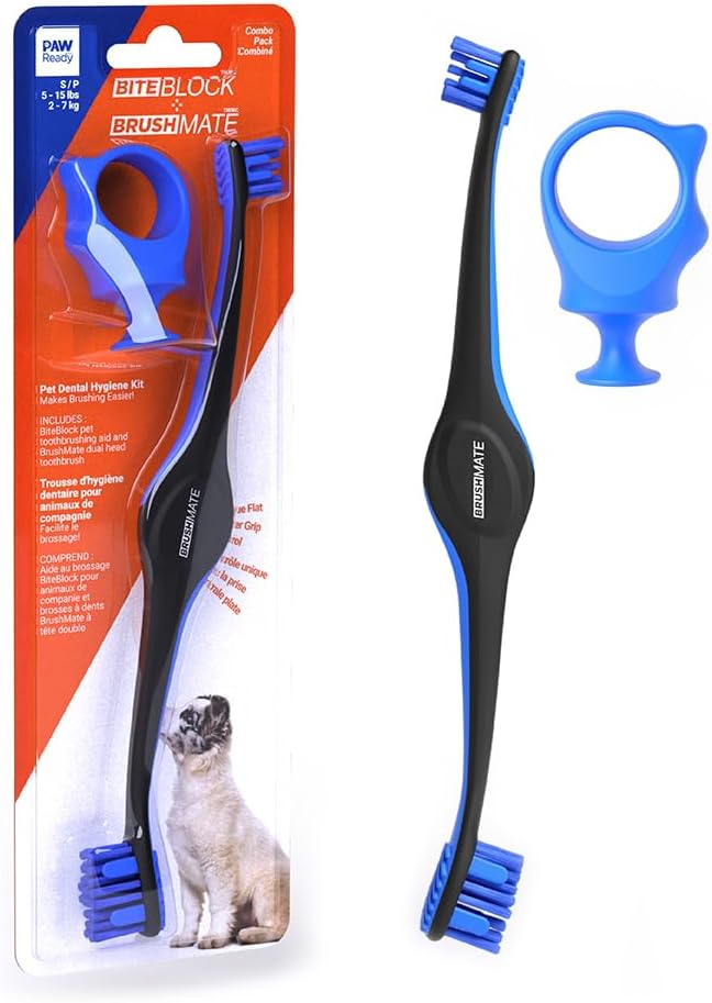 Dog Toothbrush and Bite Block Assistant Combo Pack by for Puppies' Dogs and Cats Small Size for use with Pets Between 5-15 lbs. (2-7kg) Protects Hands and Fingers While Brushing