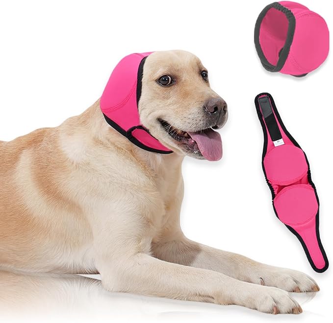 Dog Ear Covers,Dog Ear Muffs Noise Protection,No Flap Ear Wrap for Dogs Hematoma Recovery,Adjustable Calming Hoodie Shower Cap for Grooming,Bathing,Swimming & Anxiety Relief(Fuchsia,L)