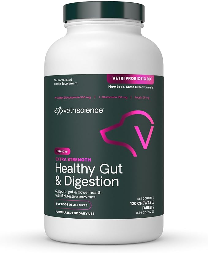VetriScience Extra Strength Healthy Gut & Digestion Chewable Tablets, Probiotic BD Digestive Enzyme Supplement for Dogs, Soothe Gut and Bowel Discomfort, Chicken, 120 Count