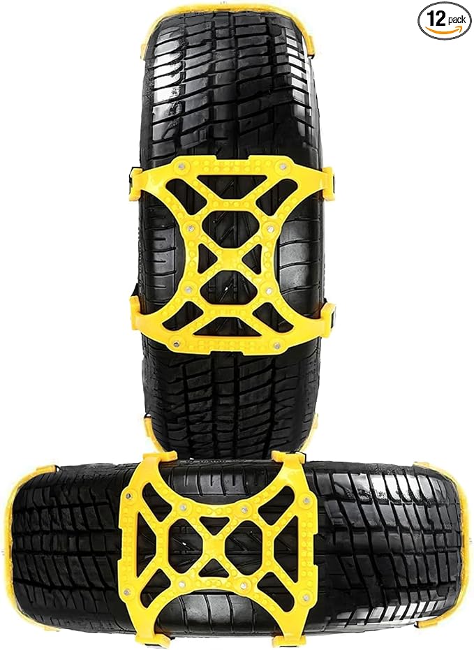 VaygWay Car Snow Tire Anti-Slip Chains - All Season Black Upgraded - Emergency Vehicle Tire Chains for Cars, SUVs, & Trucks (Yellow, 12 Pack)