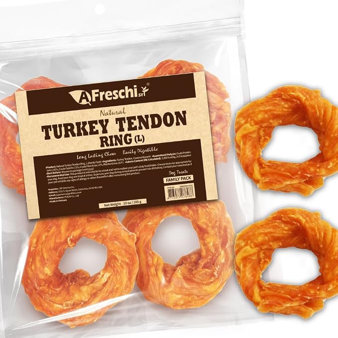 Turkey Tendons for Dogs, USA-Sourced, Healthy Dog Treats, Rawhide-Free Puppy Chews, Long Lasting, All Natural, Hypoallergenic Dog Treats for Large Breeds, 10 oz Pack Ring (L)