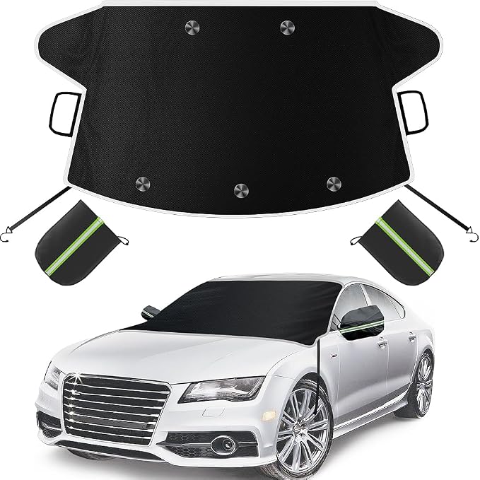 Car Windshield Cover for Ice and Snow, Windshield Snow Cover, Performance Brake Kitswith Side Mirrors Cover for Snow, Ice, UV Fits Most Cars, Trucks, Vans, SUVs, Glow Strips