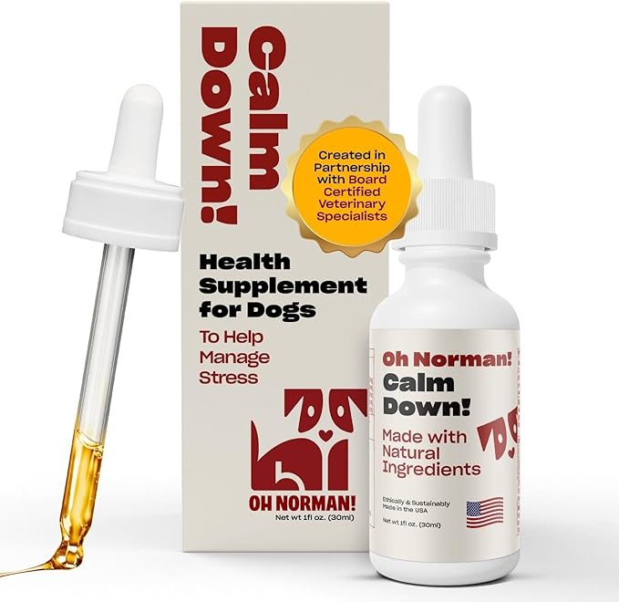 Dog Calming Aid Supplement with Chamomile, L-Theanine, Valerian, Passion Flower & Melatonin - Calm Down! by Kaley Cuoco - Ideal for Separation, Thunderstorms, Fireworks & Travel - 1 Fl Oz