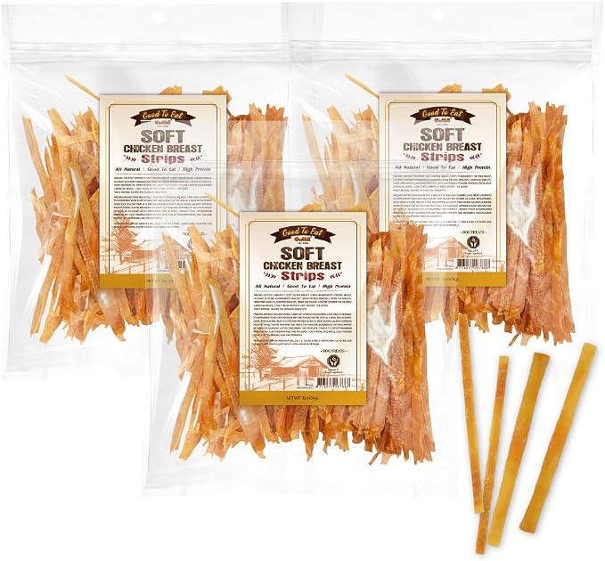 Soft Dog Treats, Chicken Jerky - Dog Training Treats; High-Protein, Gluten-Free, Soft Jerky for Dogs, Hypoallergenic, Grain-Free, Chicken Breast Strips, 1 lb (Pack of 3)