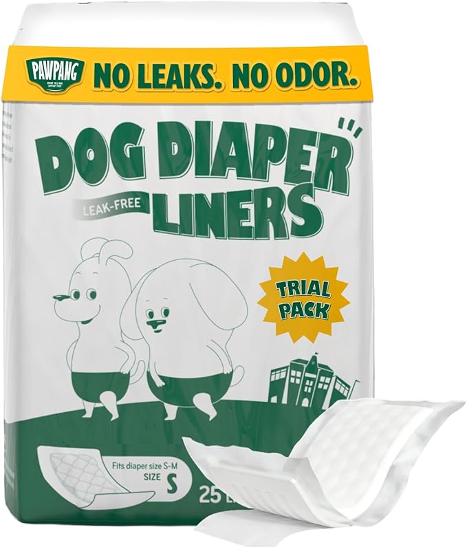PAWPANG Disposable Dog Diaper Liners l Trial Pack (25 Count), Absorbent Inserts with Odor Control for Reusable Dog Diapers & Belly Bands (Small)